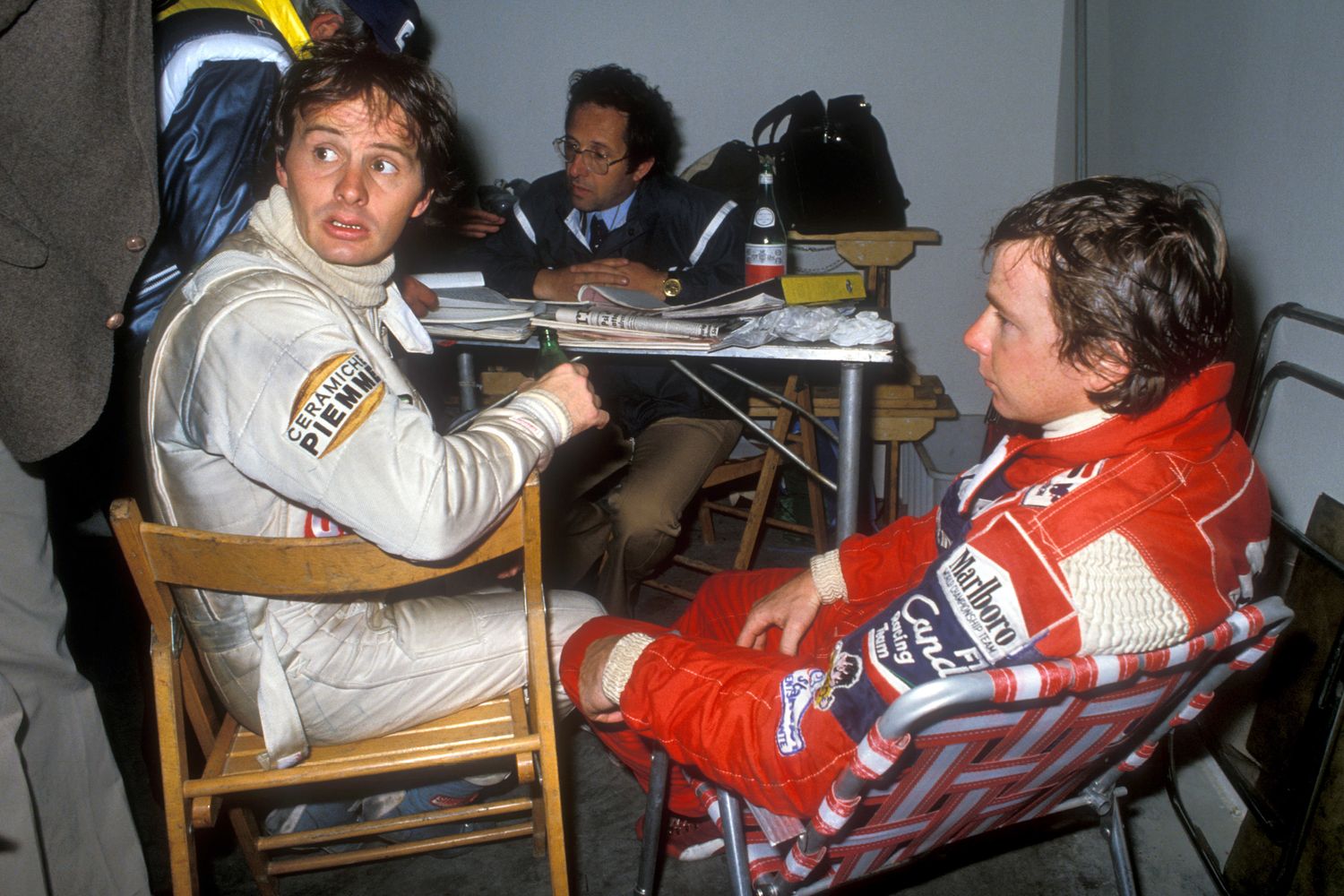 Gilles Villeneuve con Didier Pironi e Mauro Forghieri