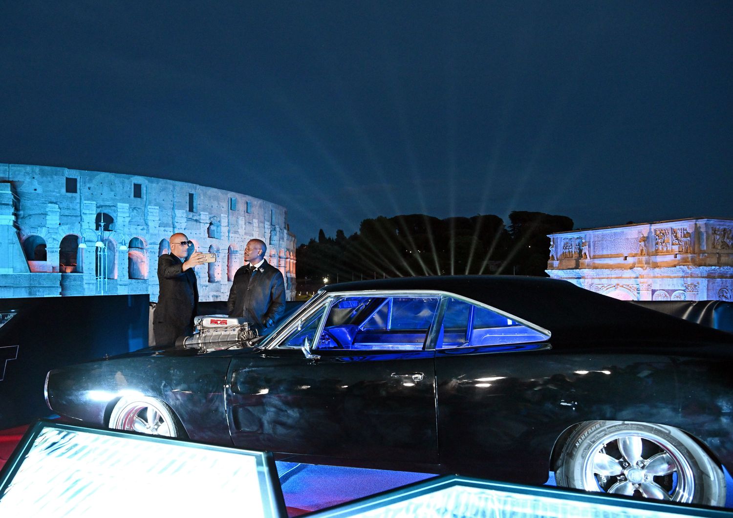 Presentazione del film Fast X - Fast &amp; Furious 10. Nella foto Vin Diesel, Tyrese Gibson con la macchina davanti il Colosseo&nbsp;