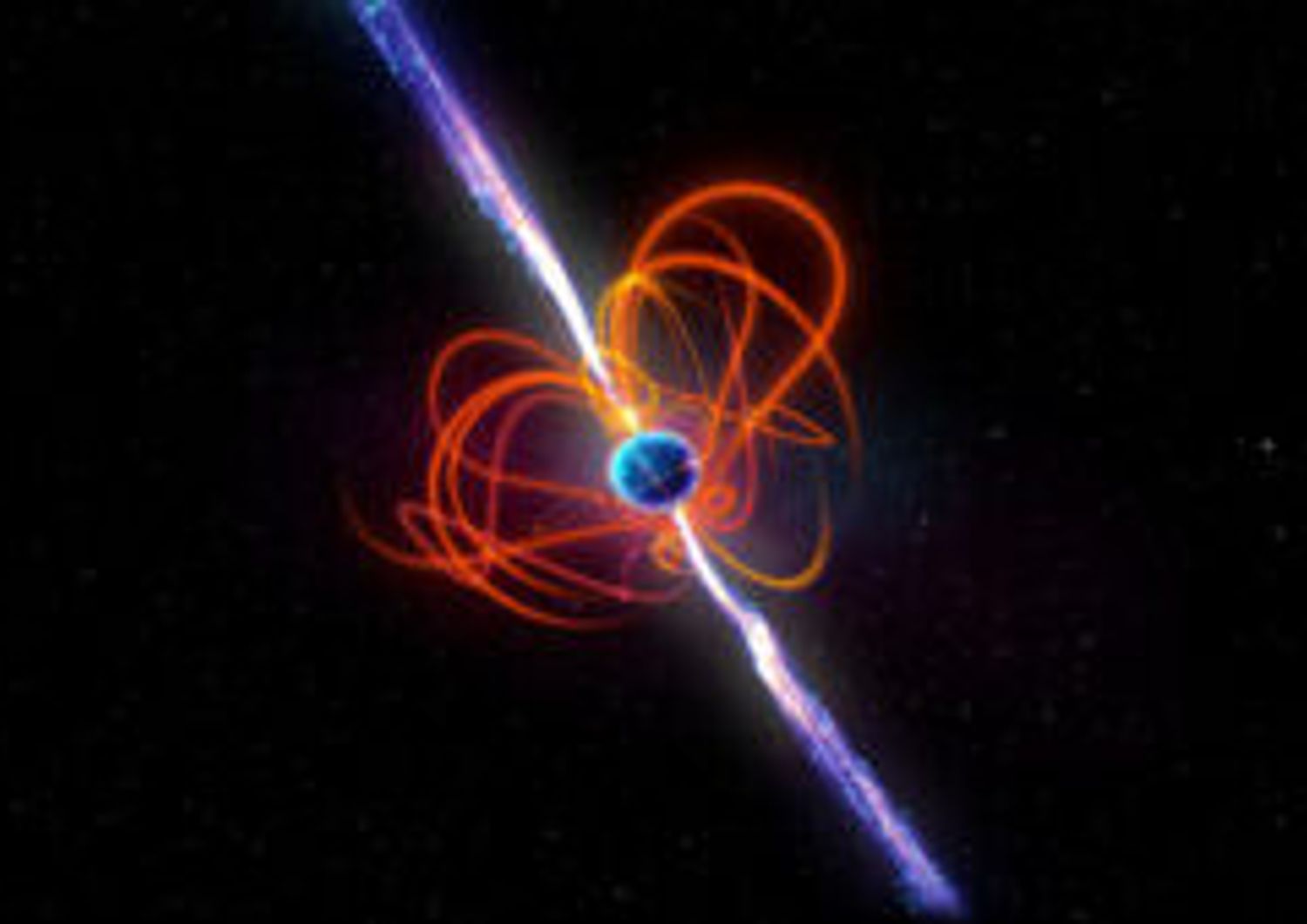 Un disegno del magnetar a periodo ultra-lungo. L'oggetto ha emesso un impulso di cinque minuti di energia a lunghezza d'onda radio per almeno gli ultimi 33 anni